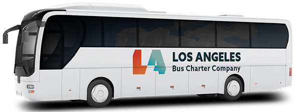 a plain white charter bus with a los angeles bus charter company logo on it